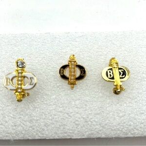 3 Beta Sigma Sorority Pin Rhinestone Gold Tone White Beads Torch Brooch Vintage